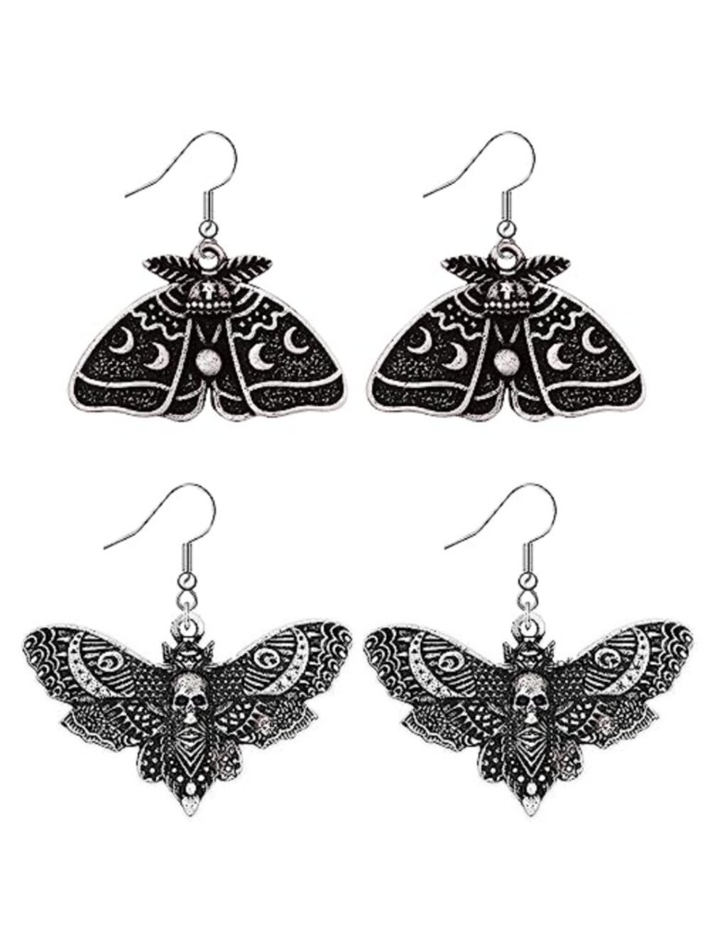 Goth Butterfly Moth Dangle Earrings Crescent Moon Star Punk Skull Drop Zinc